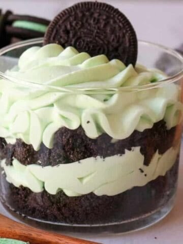 A jar of Mint Oreo Cheesecake.