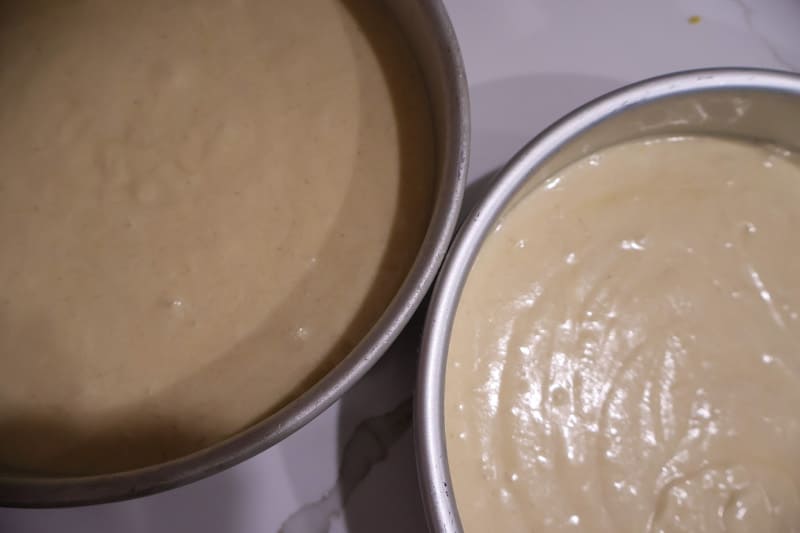 Vanilla bean cake in 3 plates mix in 2 pans