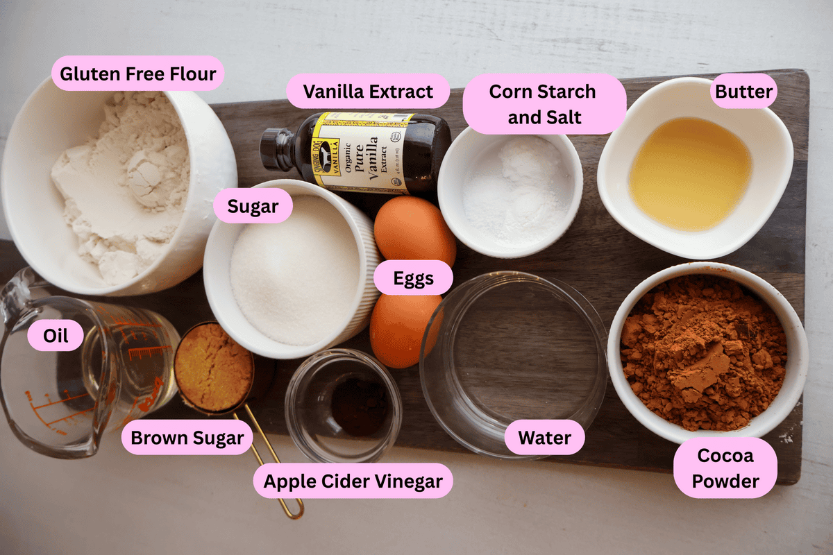 Ingredients labeled for Gluten Dairy Free Chocolate and Vanilla cake.