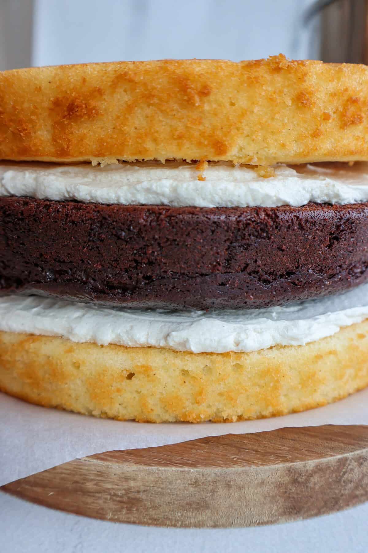 Layers of vanilla and chocolate cake. About to be frosted.