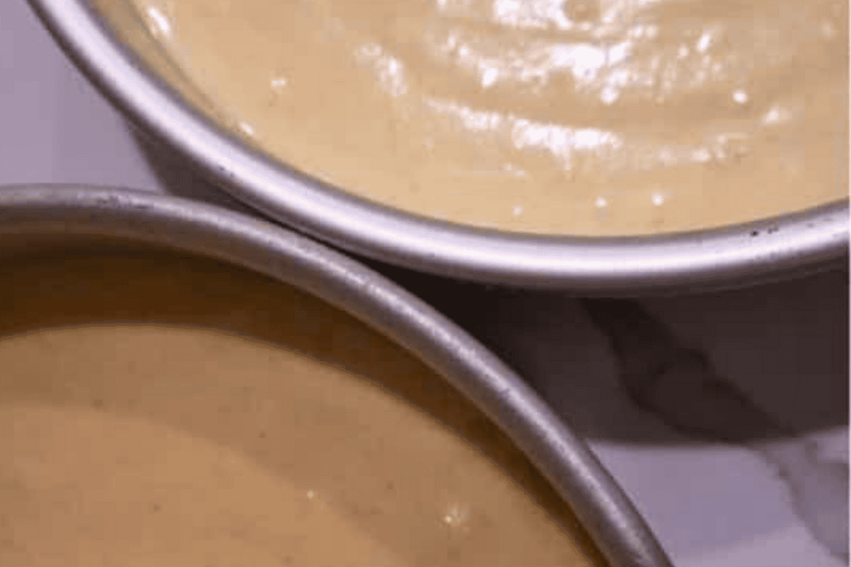 Two chocolate and vanilla raw cake pans ready for baking.