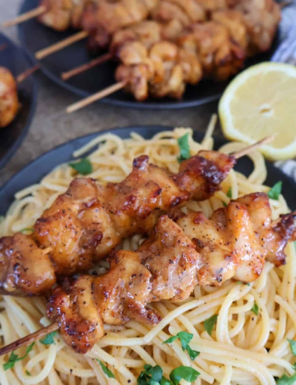 Chicken skewers with a pasta on the side