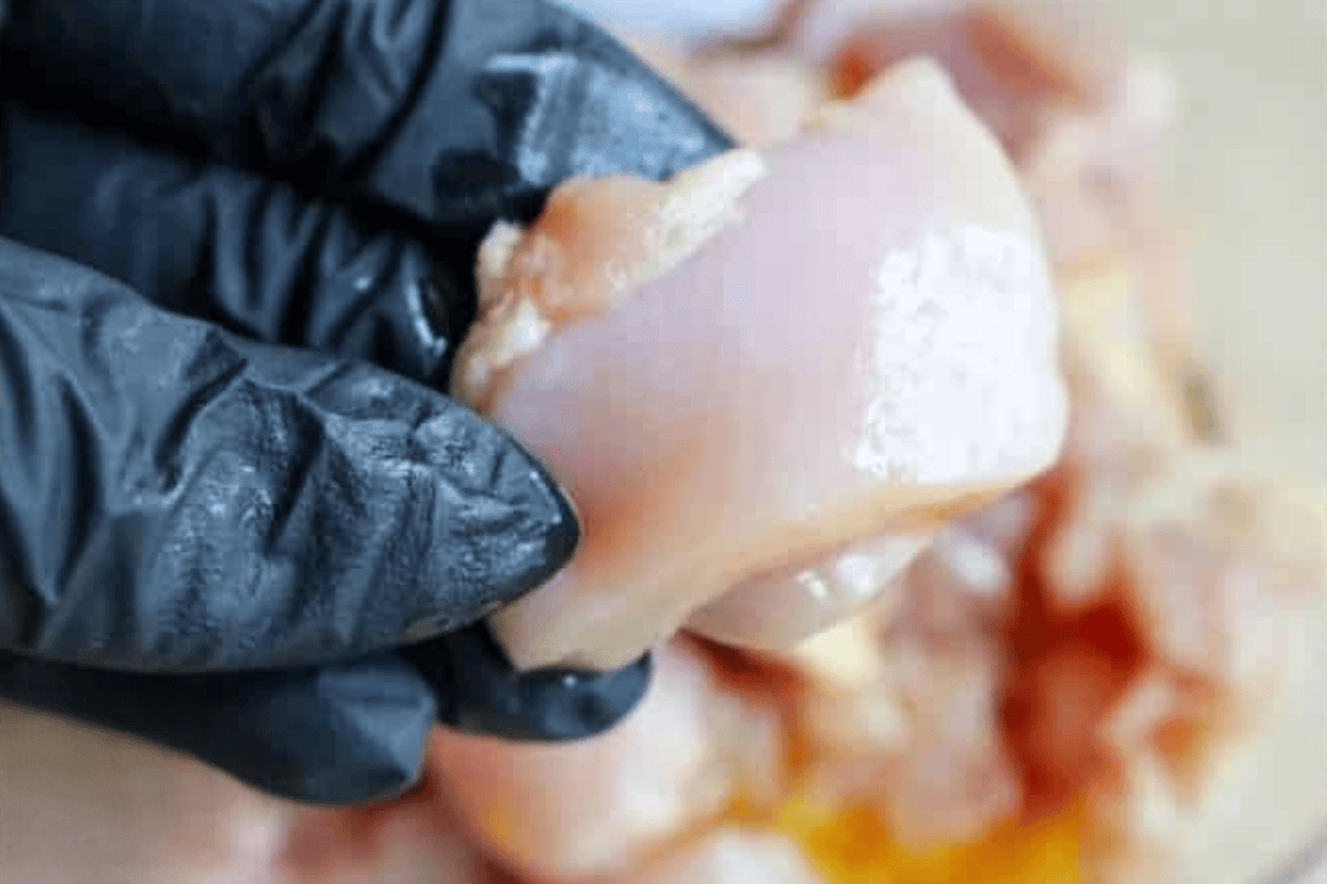 A cube of chicken.