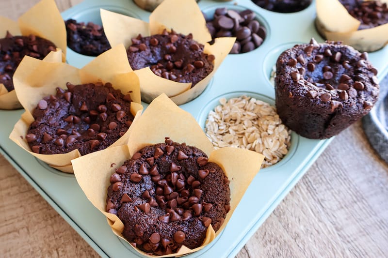 chocolate muffins in a tin pan