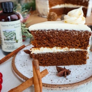 gingerbread cake slice with sticks of cinnamon