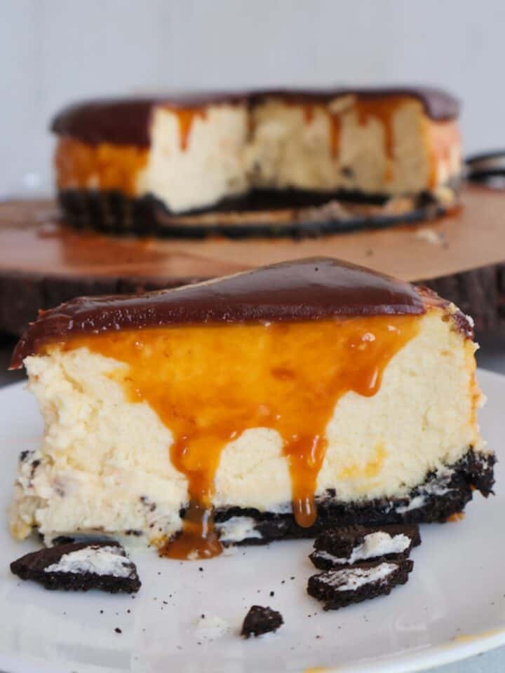 Close up of a chocolate caramel cheesecake