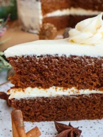 A slice of gingerbread cake.