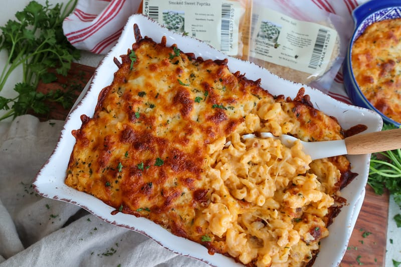Mac and cheese in a white pan