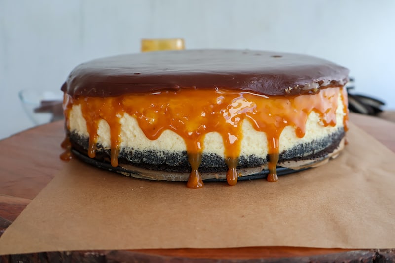 close up of a Creamy choco caramel cheesecake 