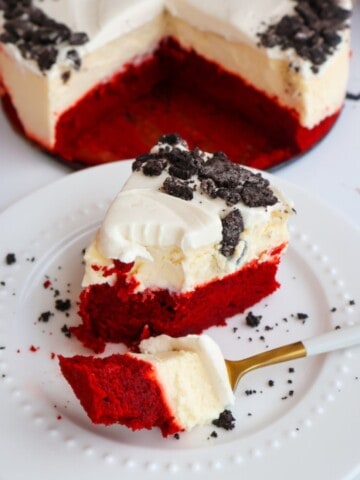 a piece of red velvet cheesecake