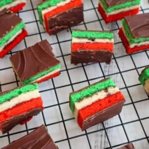 Gluten Free Italian Rainbow Cookies on a cooling rack.