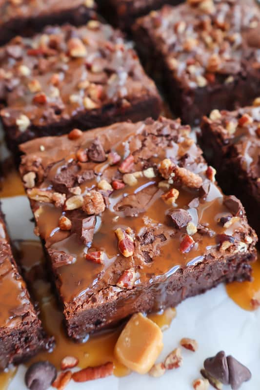 close up of caramel brownies