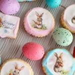 Overhead shot of Easter sugar cookies with Easter eggs