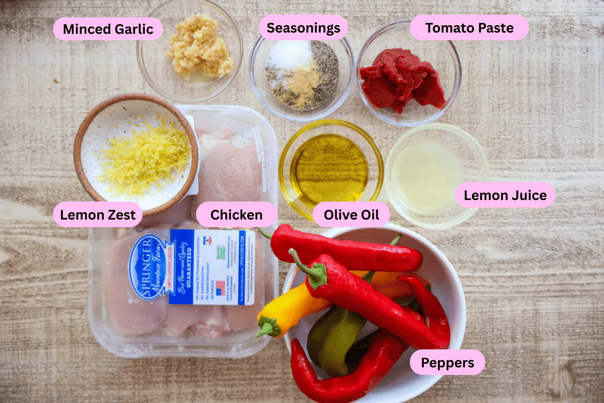 Overhead shot of individual chicken and peppers ingredients.