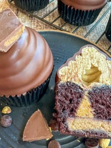 Overhead shot of cupcake next to half a cupcake.