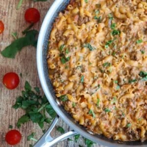 Overhead shot of skillet full of homemade hamburger helper