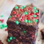 M and M brownies stacked atop one another.