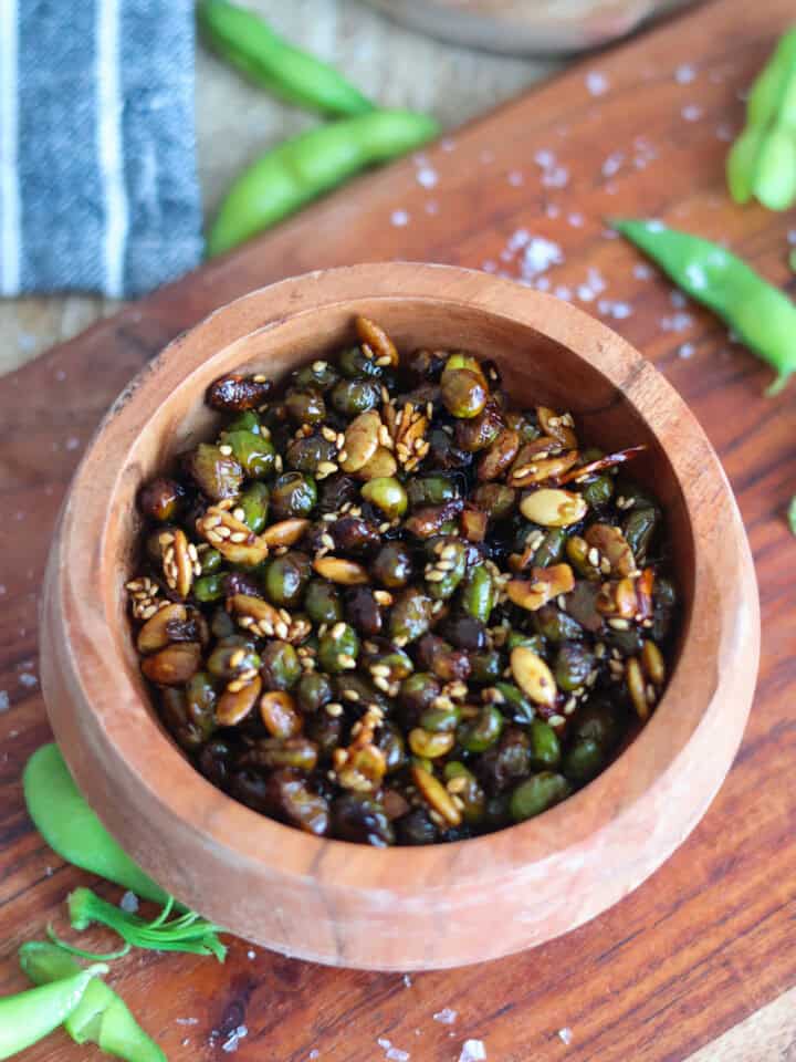 Bowlful of crispy edamame.