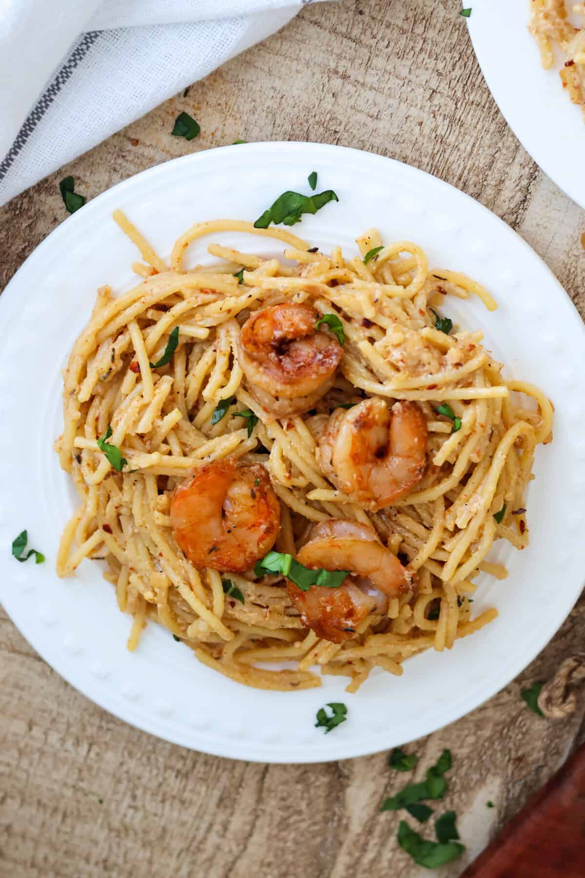 Overhead shot of plateful of lemon garlic shrimp pasta