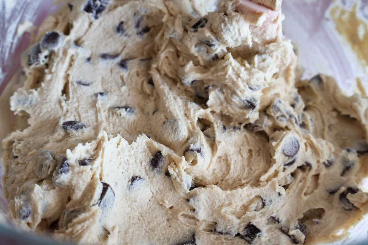 Bowlful of chocoalte chip cookie dough.