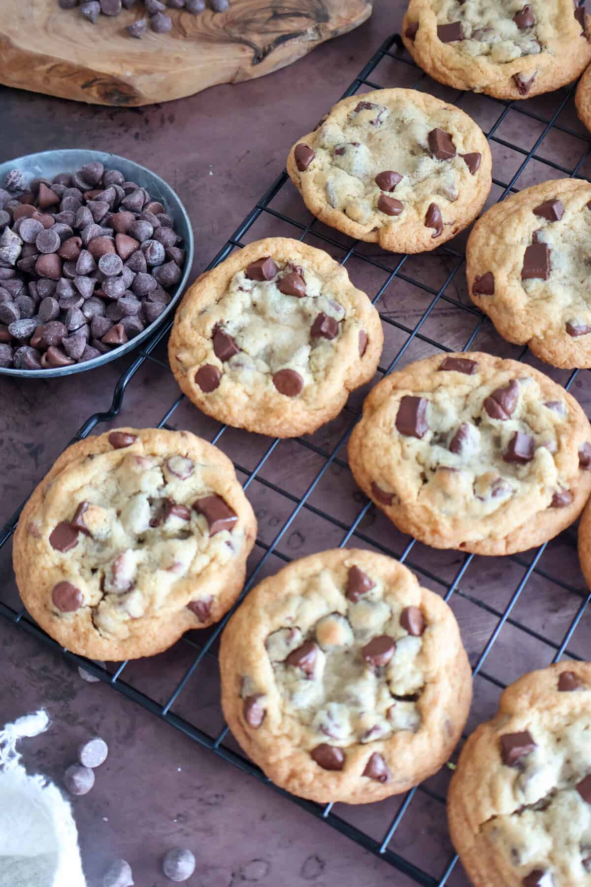 Overhead shot of chocolate chip cookies on wire rack