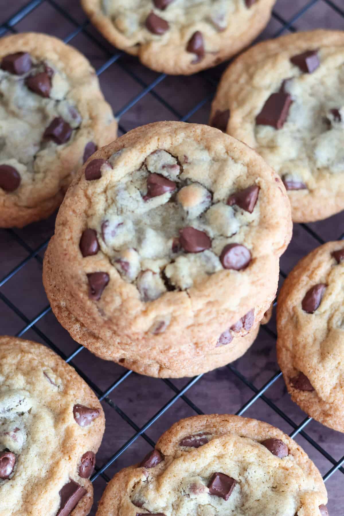 Overhead shot of stack of chocolate chip cookies.
