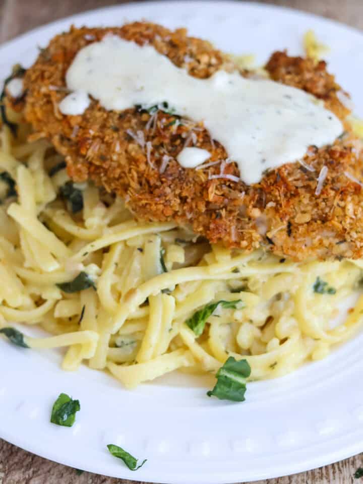 Plate with fettuccine alfredo topped with chicken.