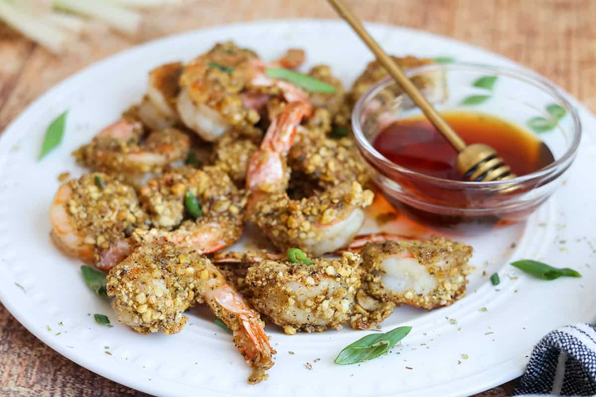 A plateful of crispy air fried shrimp.