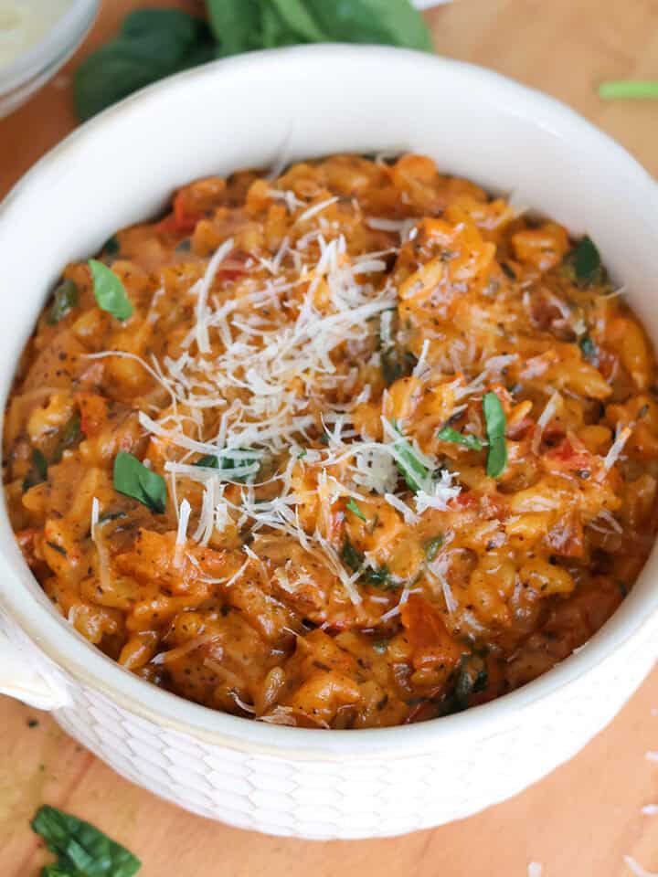 A bowlful of Marry Me chicken orzo.