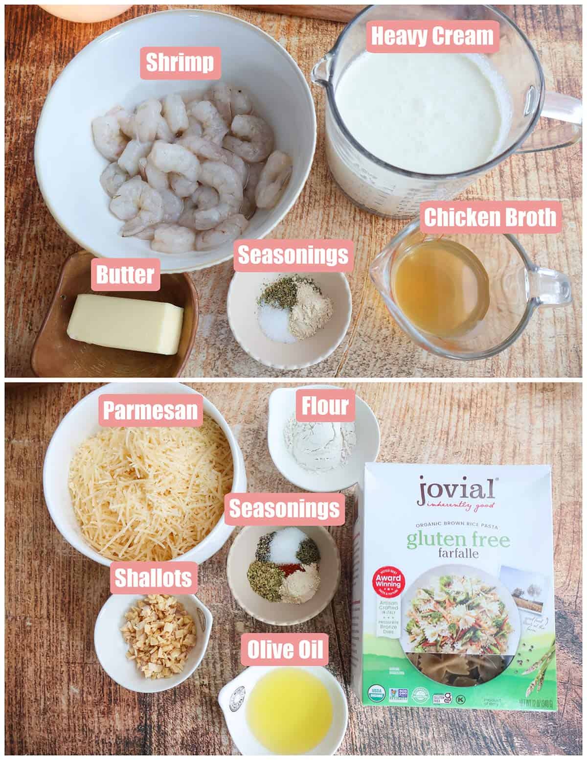 Individual pasta ingredients in bowls.