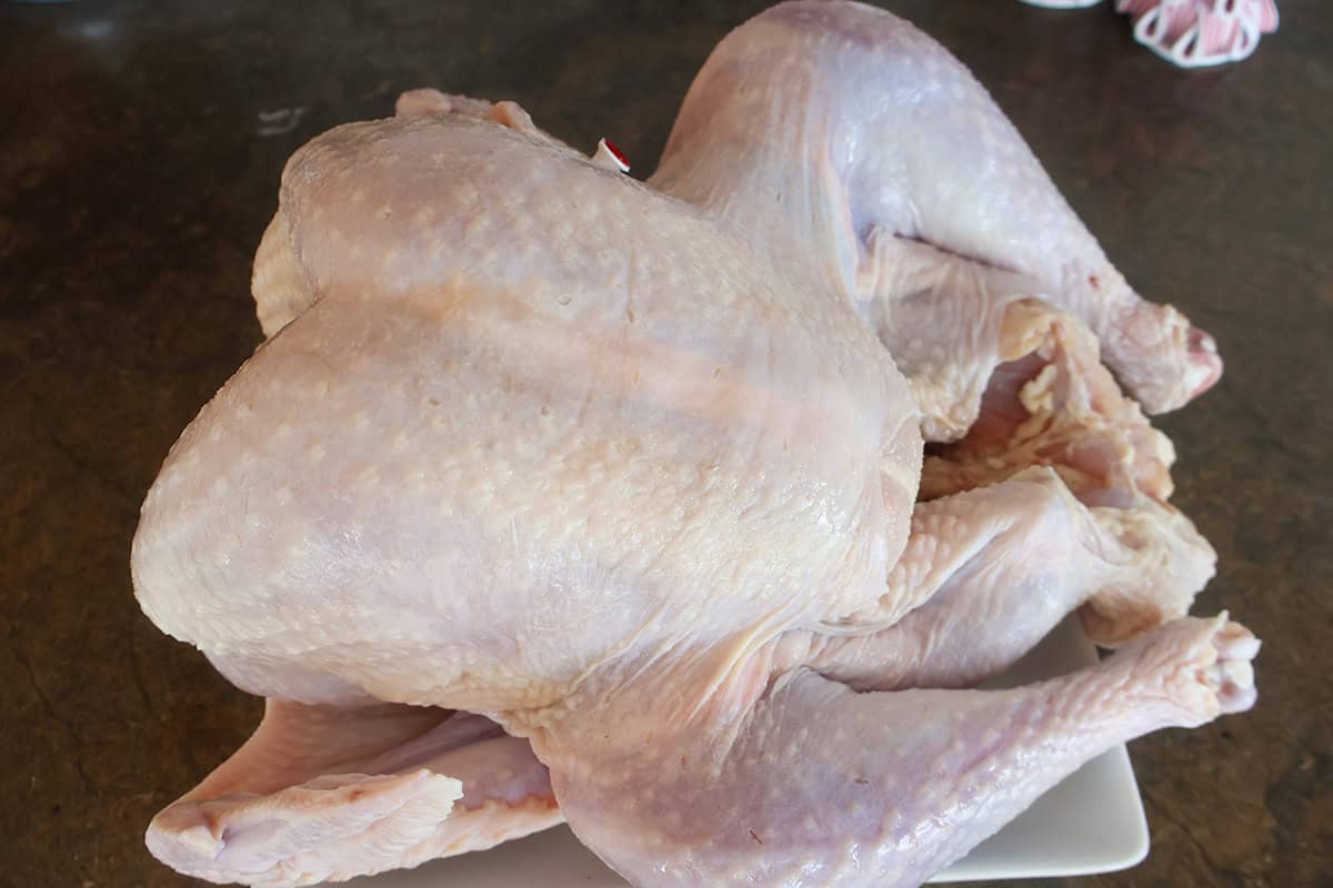 A raw turkey sprinkled with salt. 