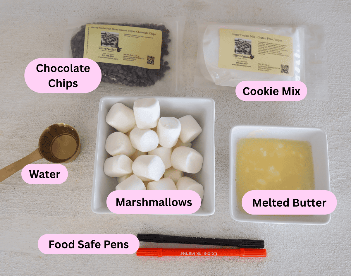 Ingredients labeled by name for Melted Snowman Cookies