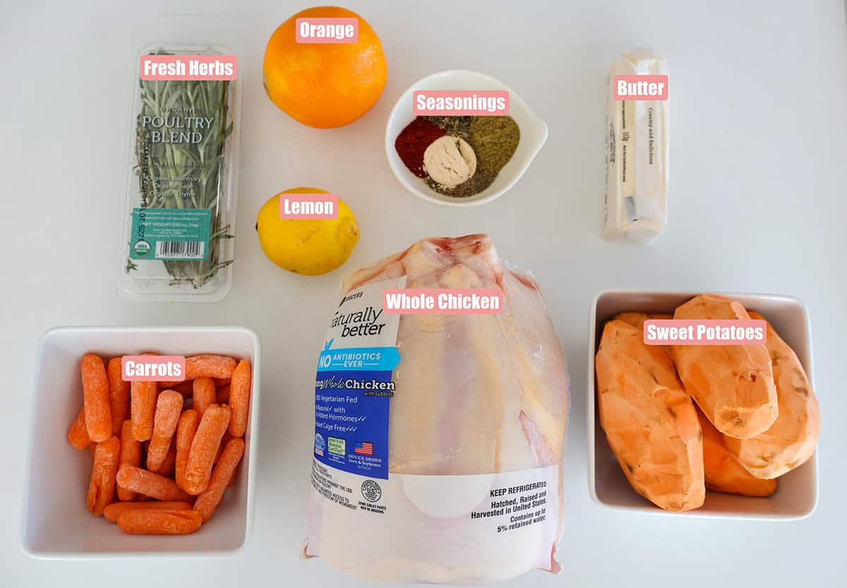 Individual roasted chicken ingredients in bowls.