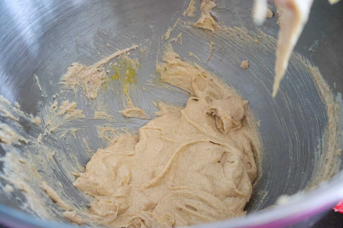 Wet ingredients mixed together to make Pecan and Chocolate Chip Cookies.