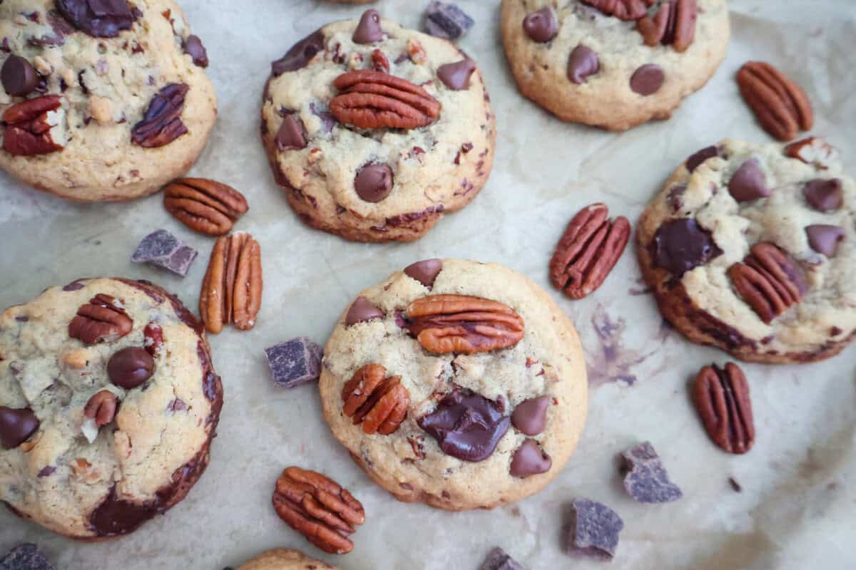 A tray full of Pecan and Chocolate Chip Cookies.