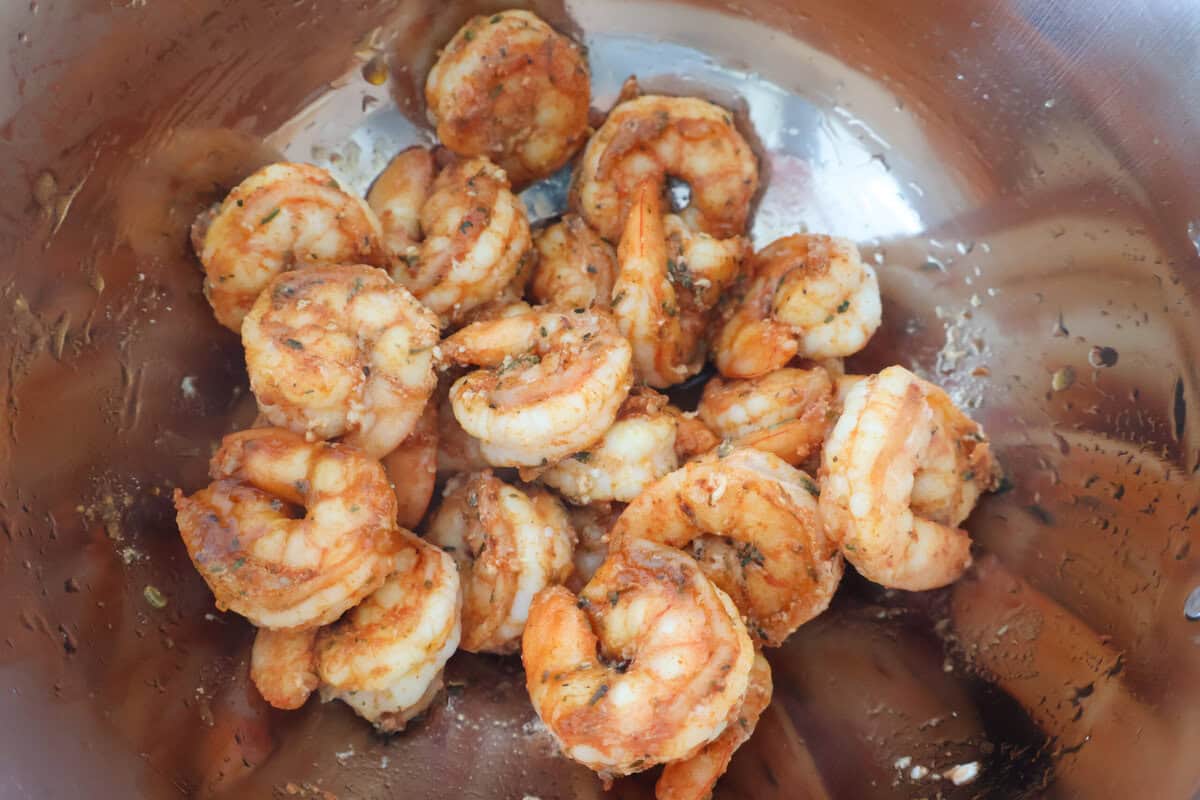 A bowl of cooked shrimp for Gluten Free Shrimp Pasta