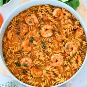 A pan full of Gluten Free Shrimp Pasta.