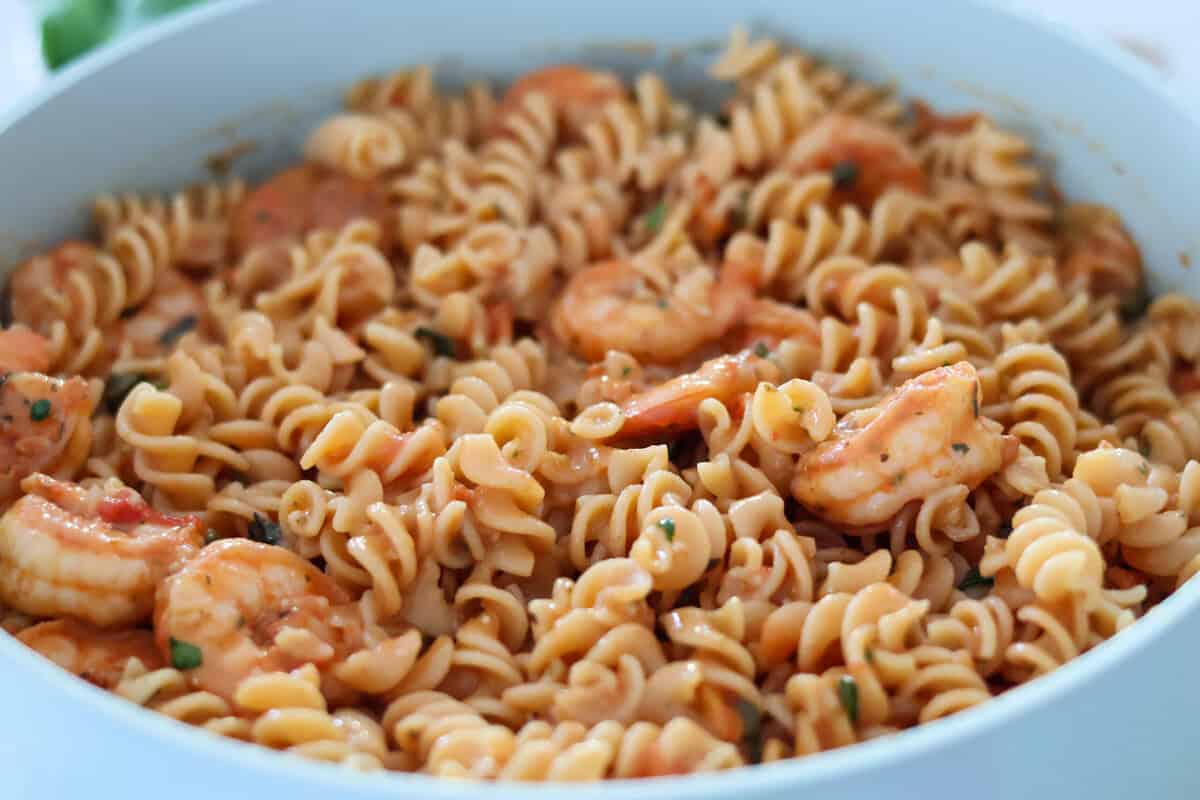 A close up shot of Gluten Free Shrimp Pasta.
