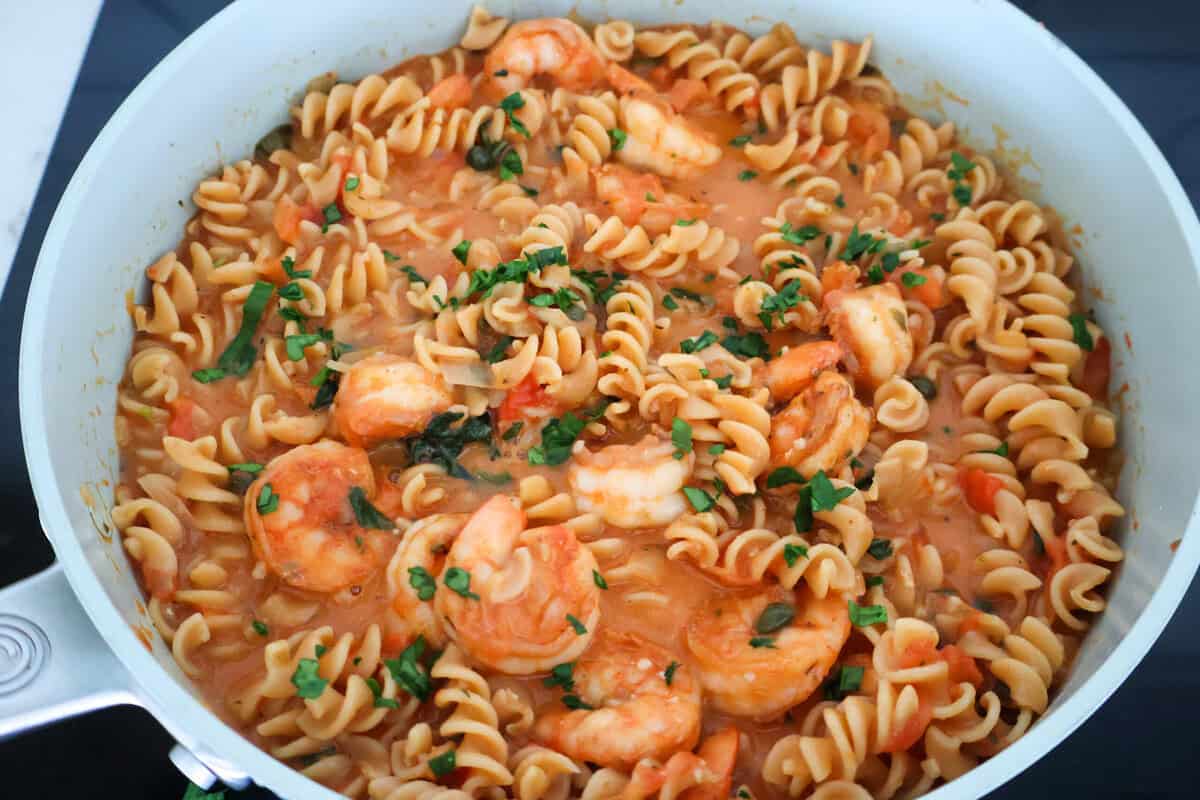 A bowl of Gluten Free Shrimp Pasta.