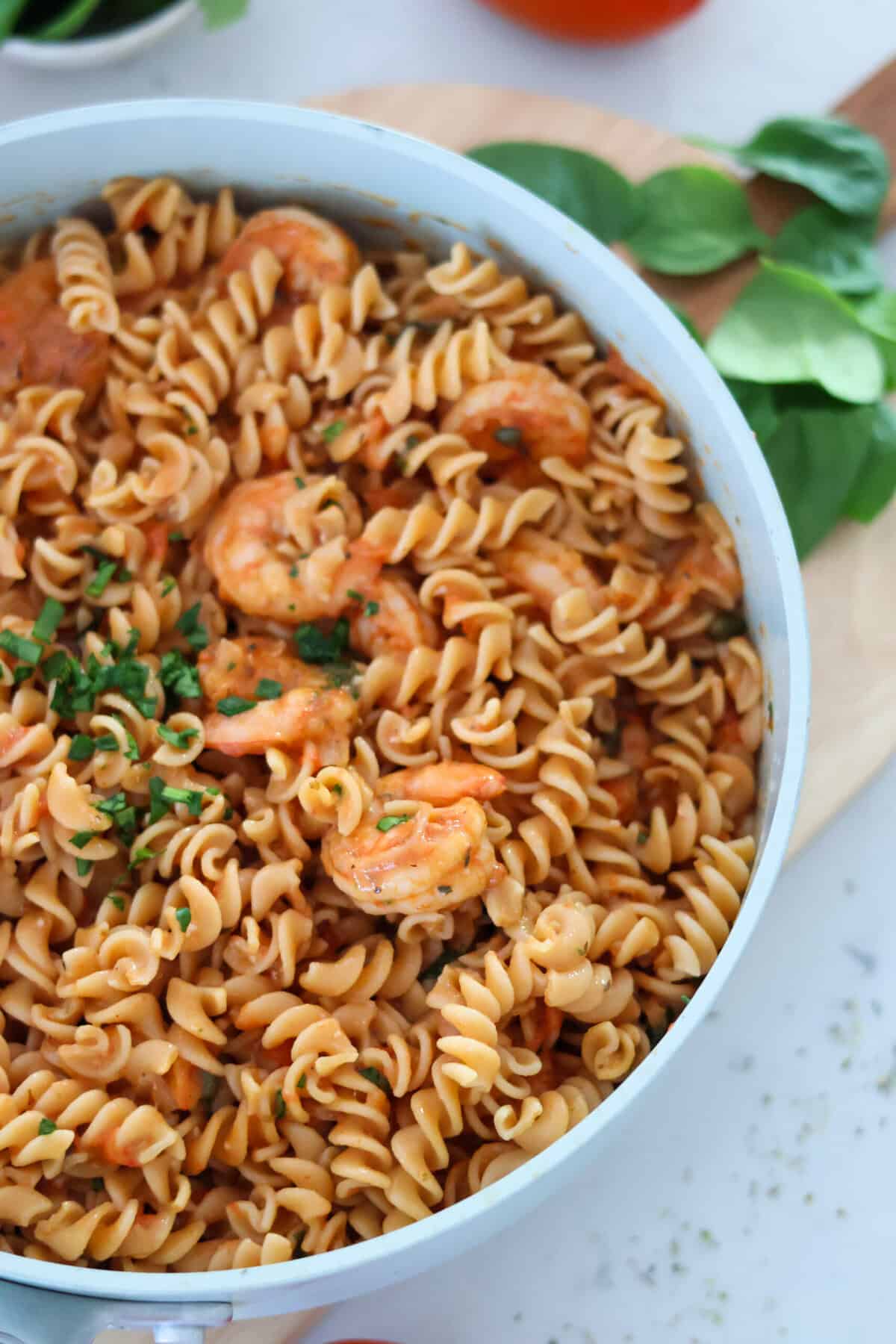 A pan full of Gluten Free Shrimp Pasta.