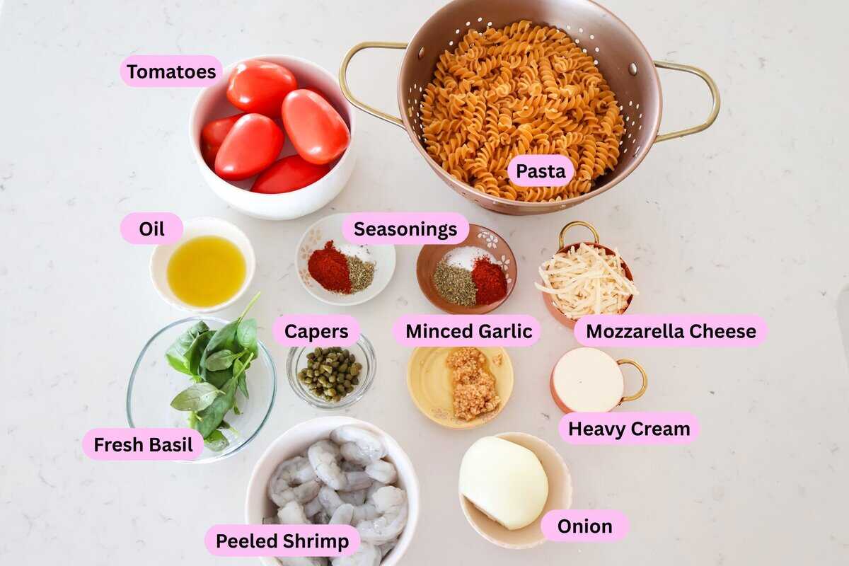 Ingredients for Gluten Free Shrimp Pasta labeled on the counter.