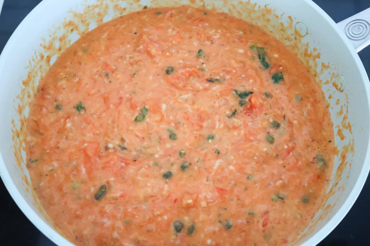 Homemade tomato sauce in a saute pan.