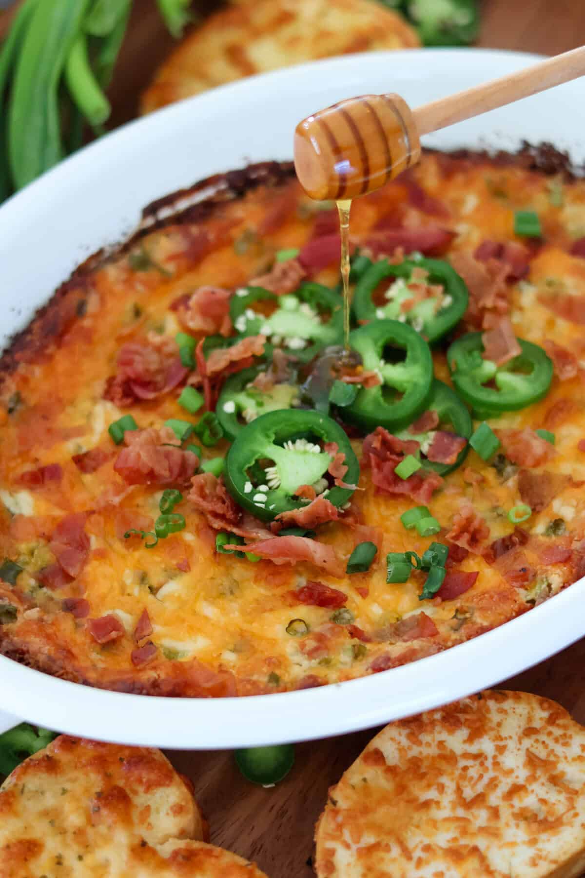 Jalapeño popper dip baked with honey on top.