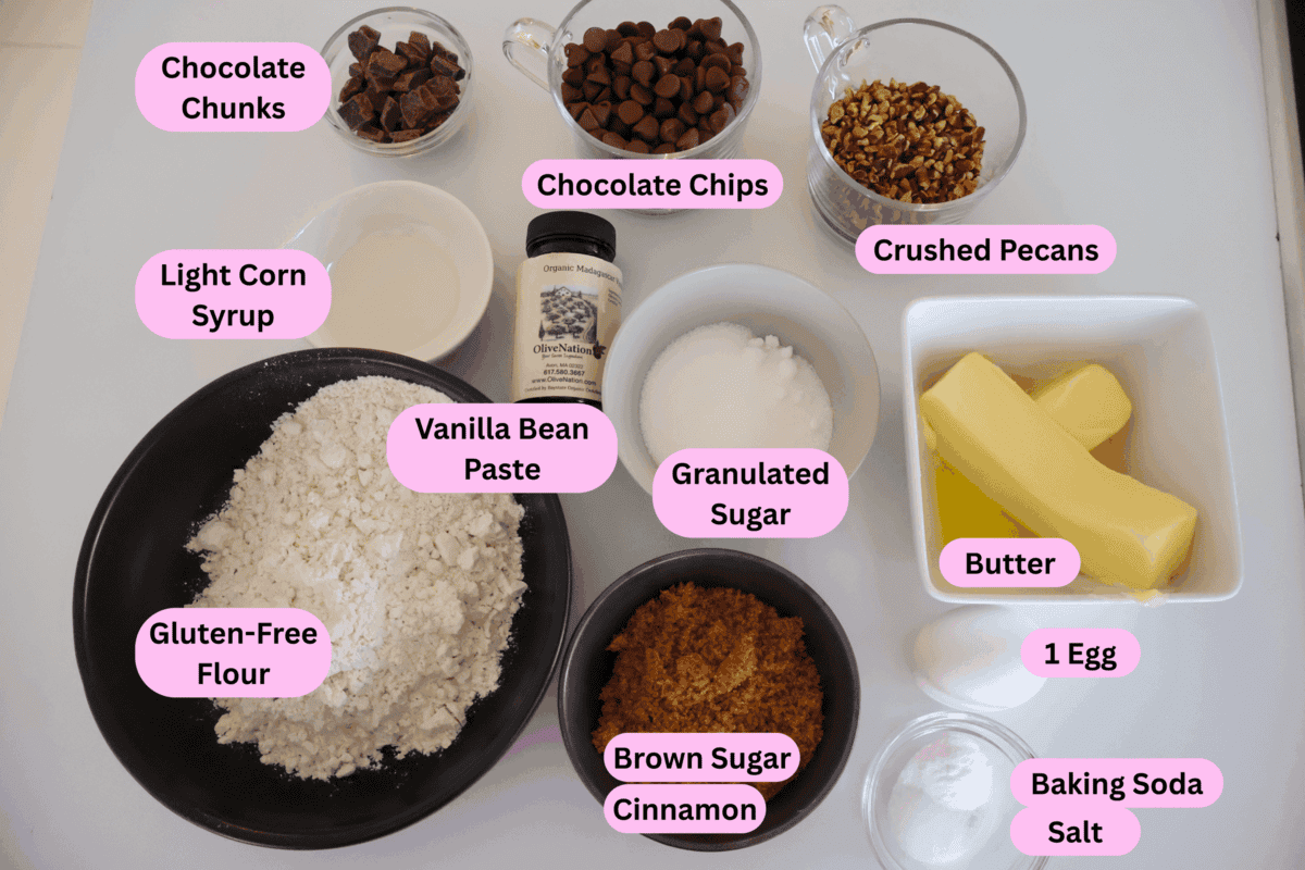 Ingredients for Pecan and Chocolate Chip Cookies all labeled.