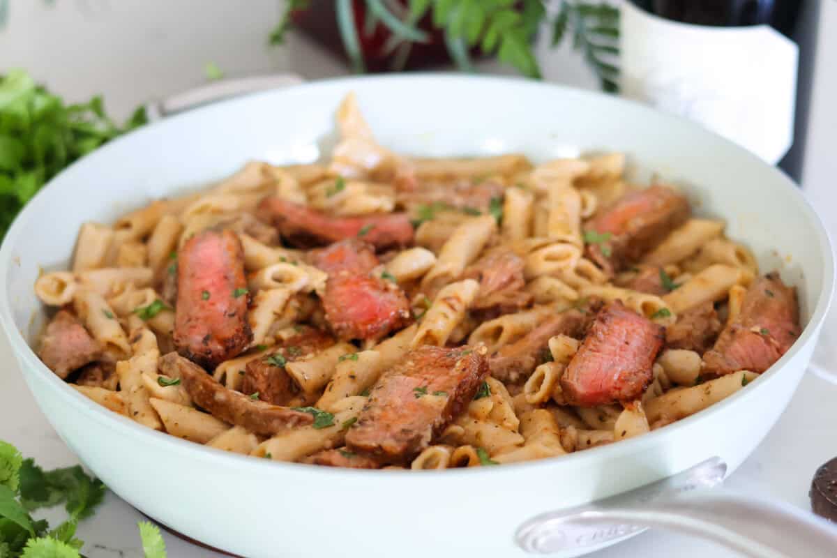 A pan of Creamy Garlic Steak Pasta.