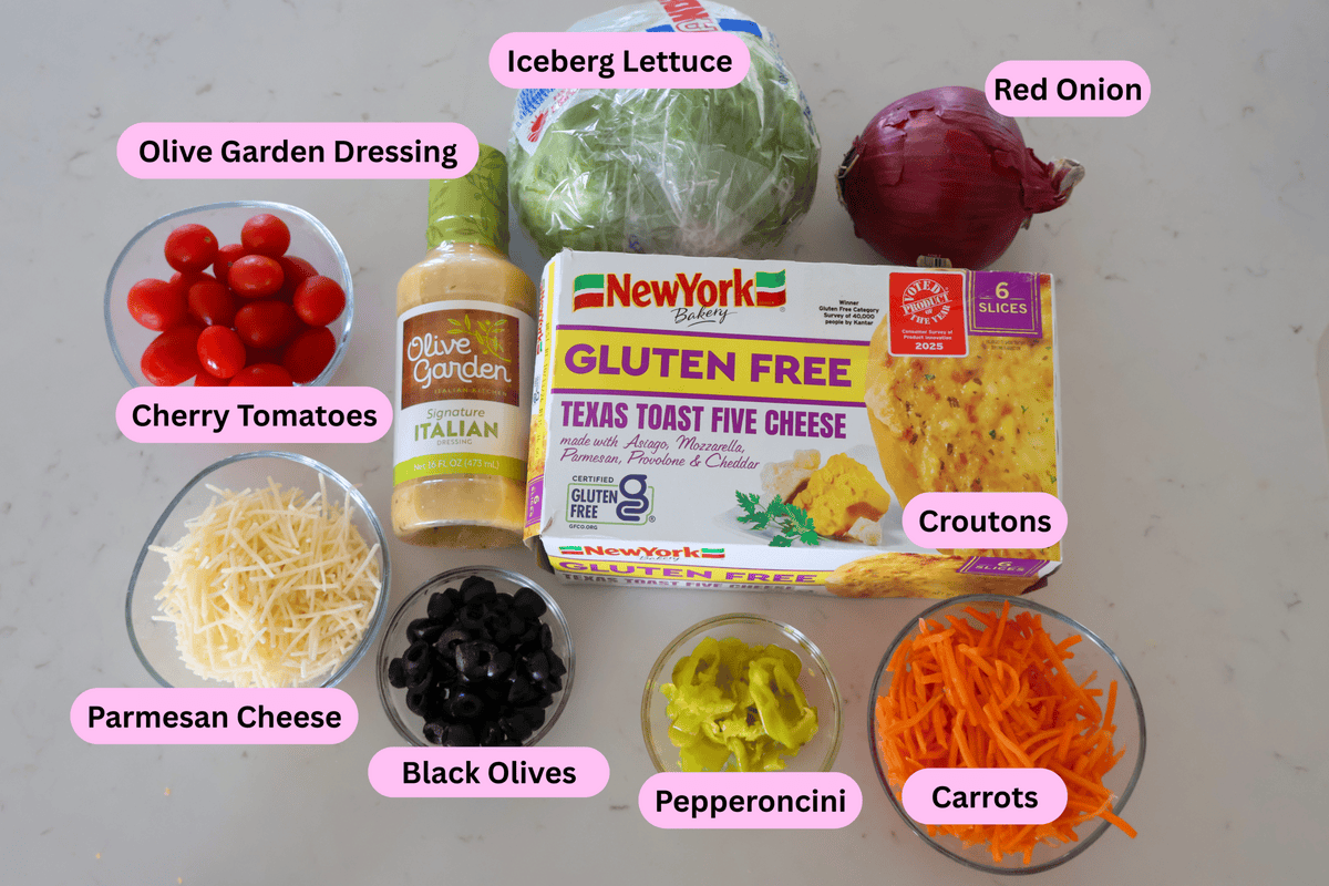 Copycat Olive Garden Salad ingredients labeled.