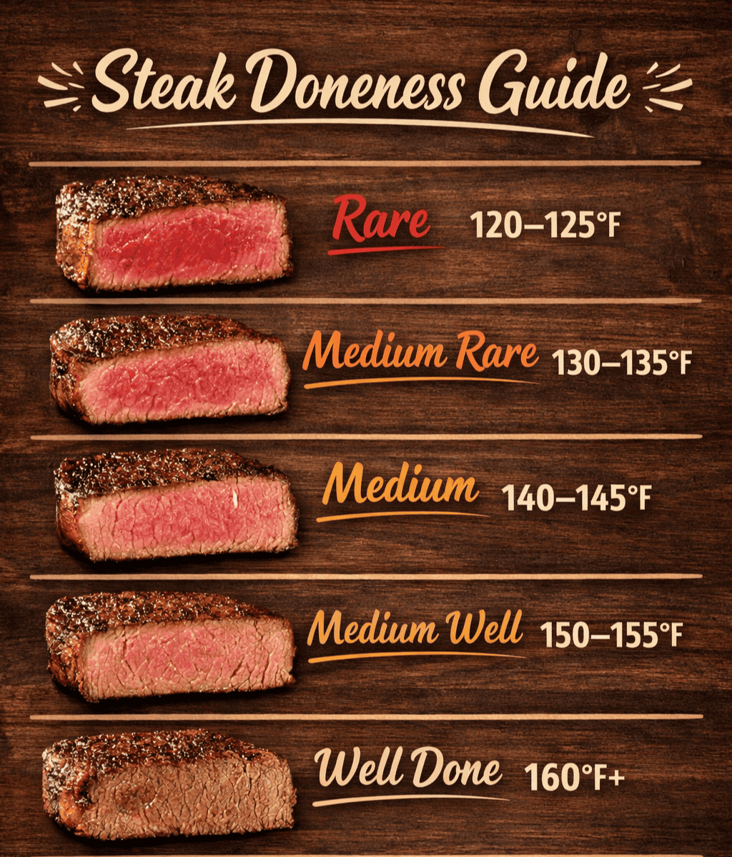 A graphic showing what temp to cook steak for the desired finish.