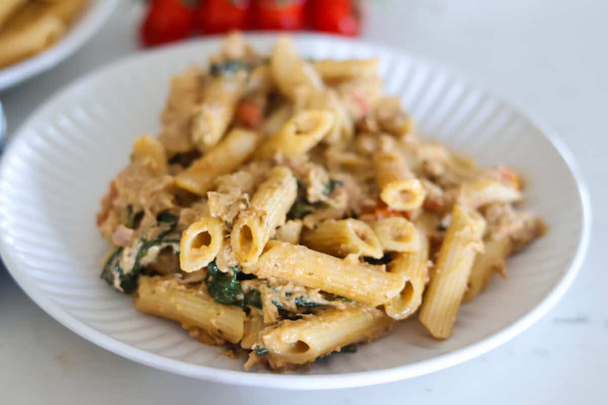 A plate of pasta with pesto and tuna on a white plate being served.