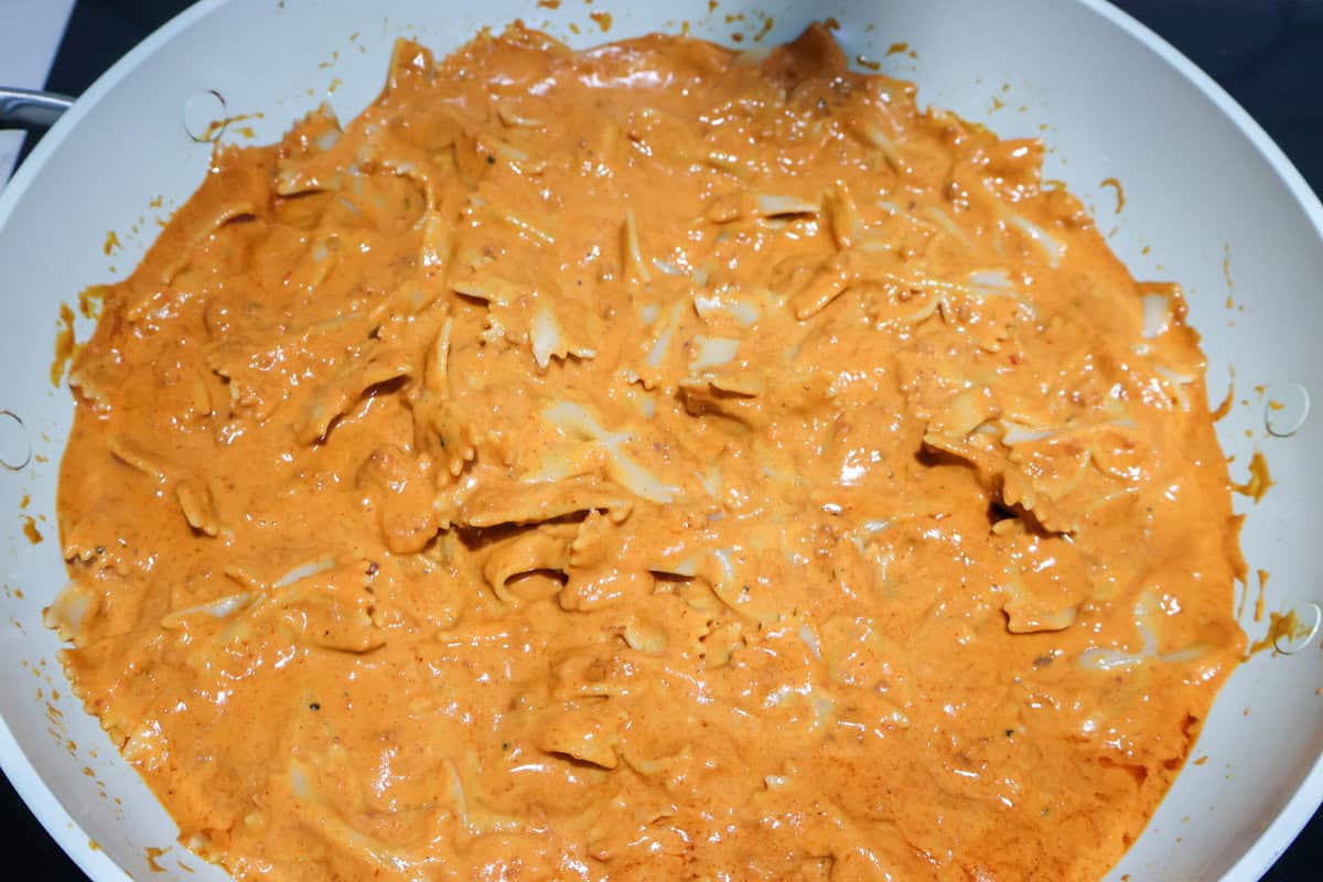 Quick And Easy Chorizo Pasta in a skillet.