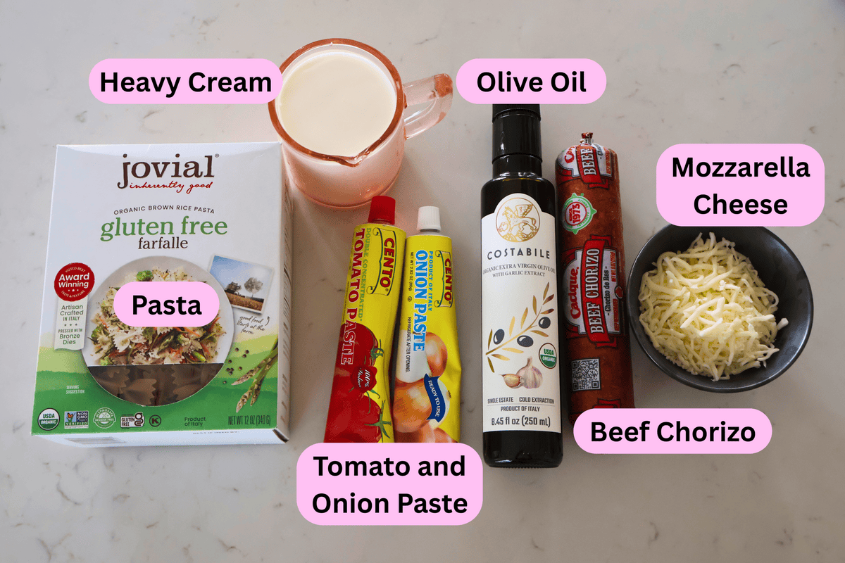 Quick And Easy Chorizo Pasta ingredients labeled.